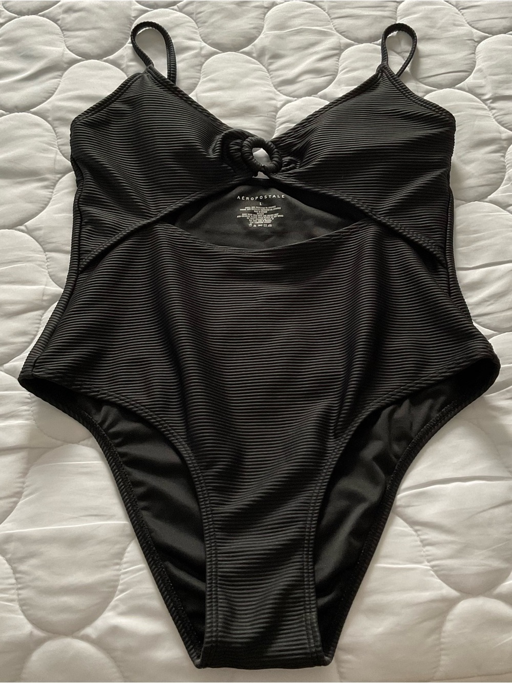 Aeropostale Black Ribbed One-Piece Swimsuit with Front Ring Cutout